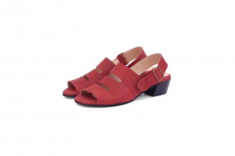 Red women's sandals, low chunky heel