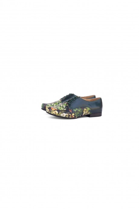 Women's green floral leather flat shoes 