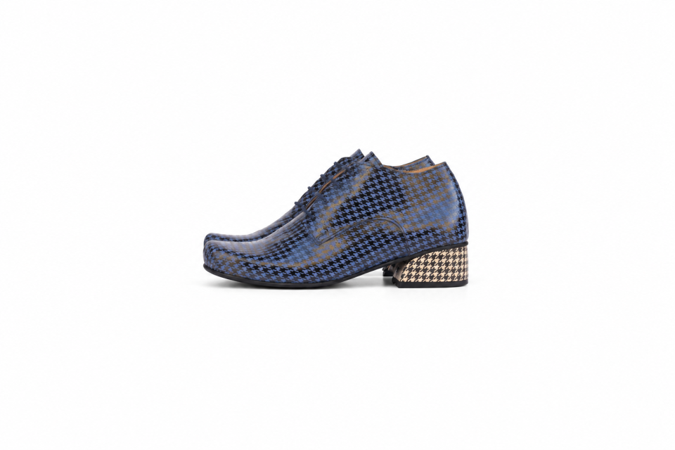 Women's Blue & Black Houndstooth Leather Shoes with 4 cm Heel