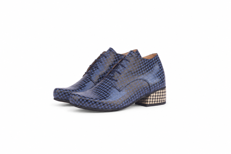 Women's Blue & Black Houndstooth Leather Shoes with 4 cm Heel