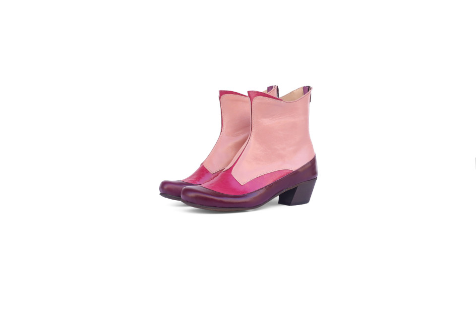 Women’s Leather Ankle Boots – 4 cm Heel in Eggplant, Fuchsia & Pink
