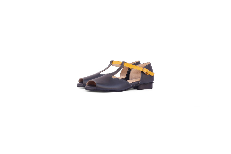 Women’s Grey Leather T-Strap Sandals With Mustard Strap – Low Heel 1.5 cm