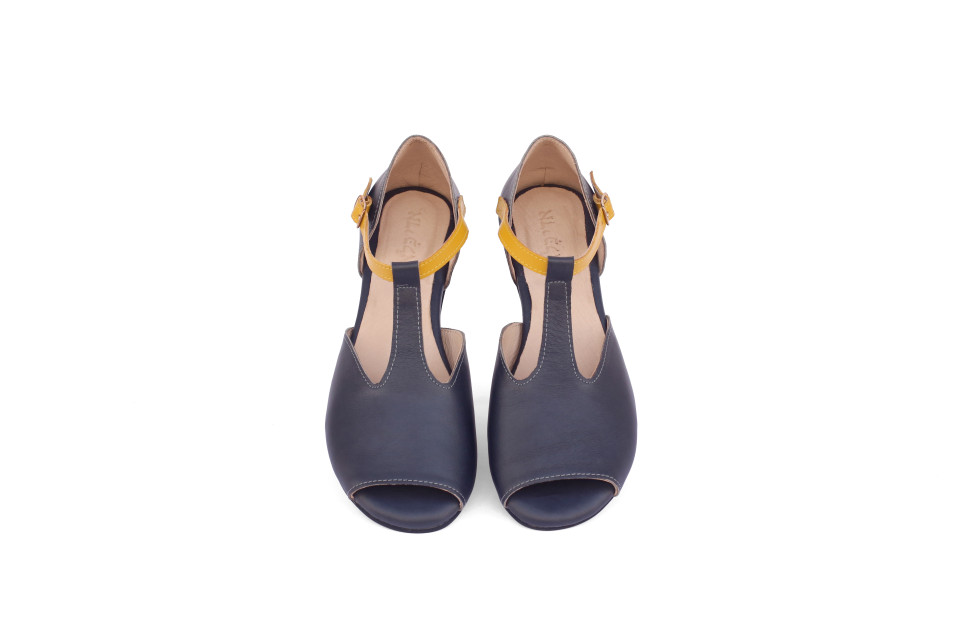 Women’s Grey Leather T-Strap Sandals With Mustard Strap – Low Heel 1.5 cm