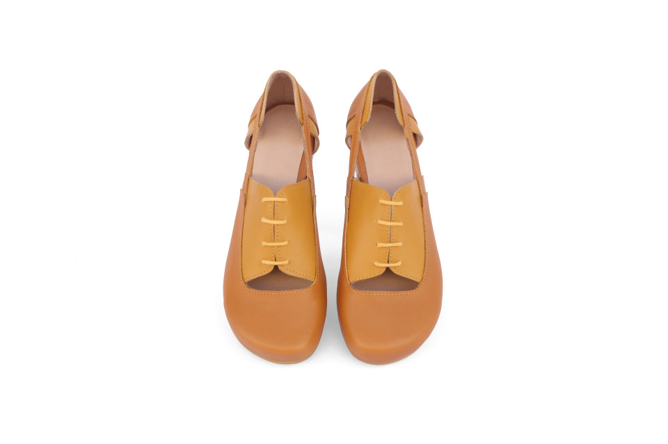 Women’s Mustard Leather Lace-Up Shoes With Side Cutouts – Low Heel 1.5 cm