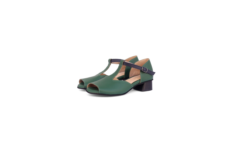 Women’s Green Leather T-Strap Sandals With Blue Strap – Heel 4 cm