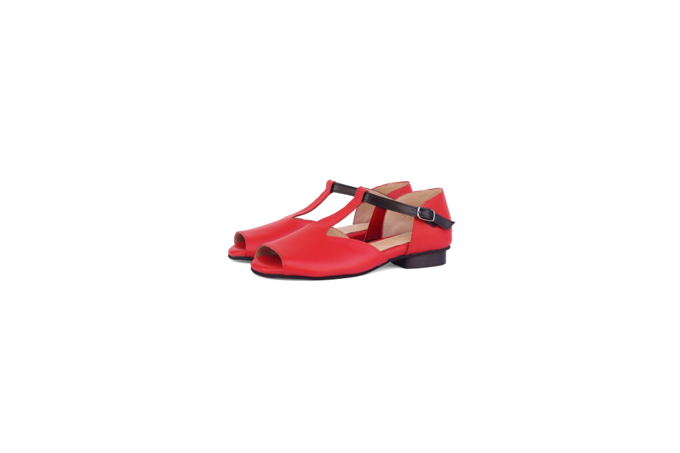 Women’s Red Leather T-Strap Sandals With Black Ankle Strap – Low Heel 1.5 cm