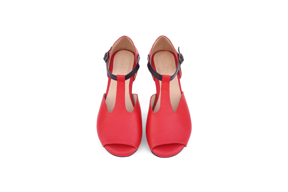 Women’s Red Leather T-Strap Sandals With Black Ankle Strap – Low Heel 1.5 cm