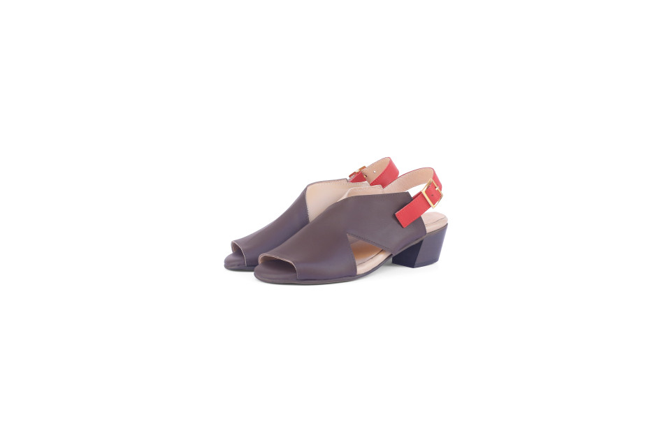 Women’s Brown and Cream Leather Sandals With Orange Strap – 4 cm Heel