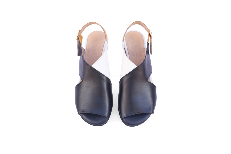 Women’s Black and White Leather Sandals With Mustard Strap – Low Heel 1.5 cm