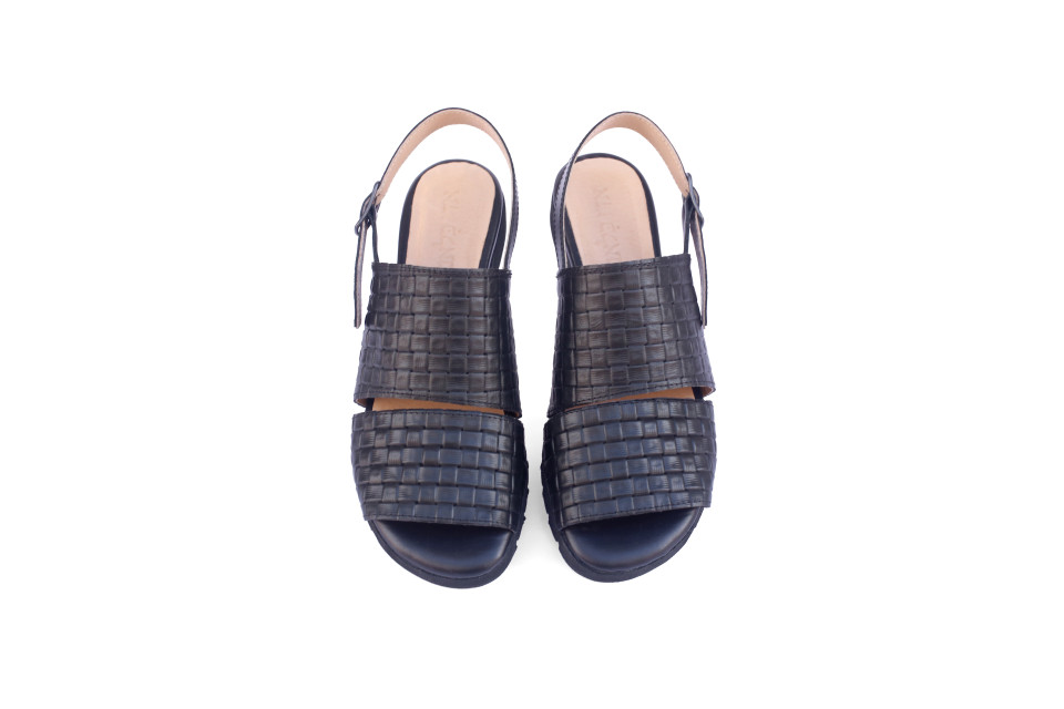 Women’s Black Woven Leather Sandals – 1.5 cm Heel