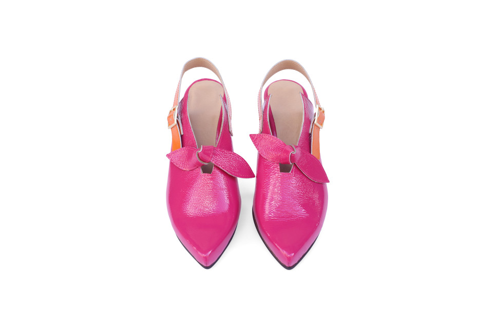 Women’s Fuchsia Patent Leather Pointed Sandals With Orange Strap and Bow – 4 cm Heel