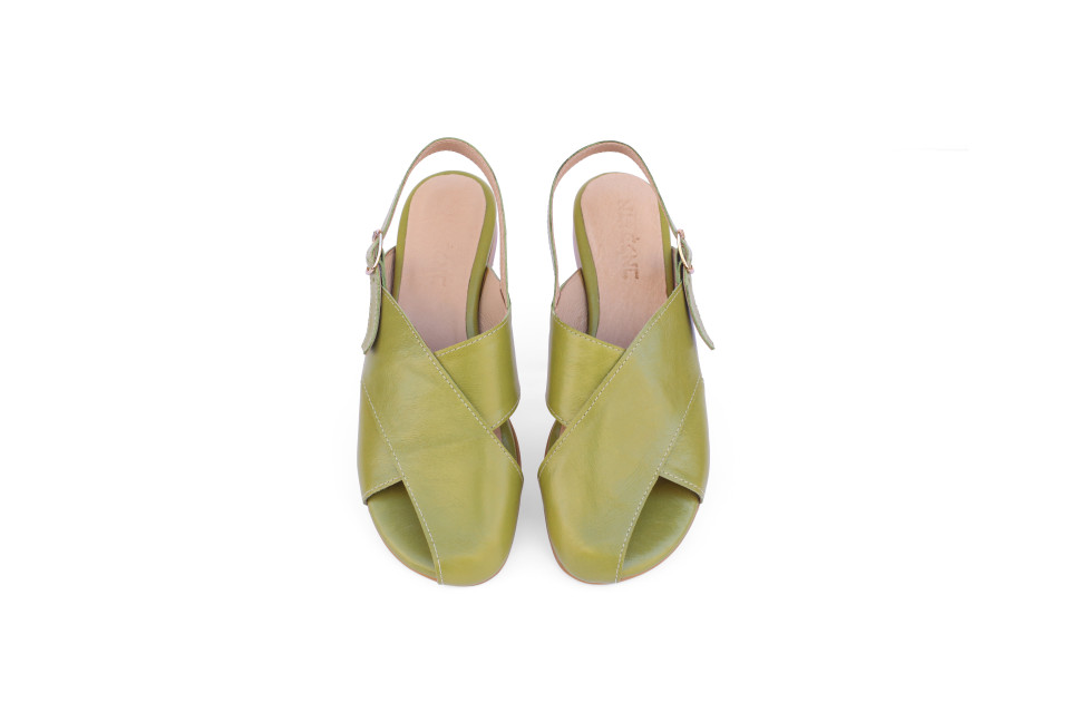 Women’s Lime Green Leather Sandals With Cross Straps – Low Heel 1.5 cm