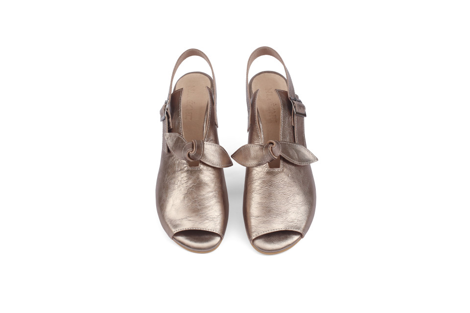 Women’s Gold Metallic Leather Bow Sandals – Mid Heel