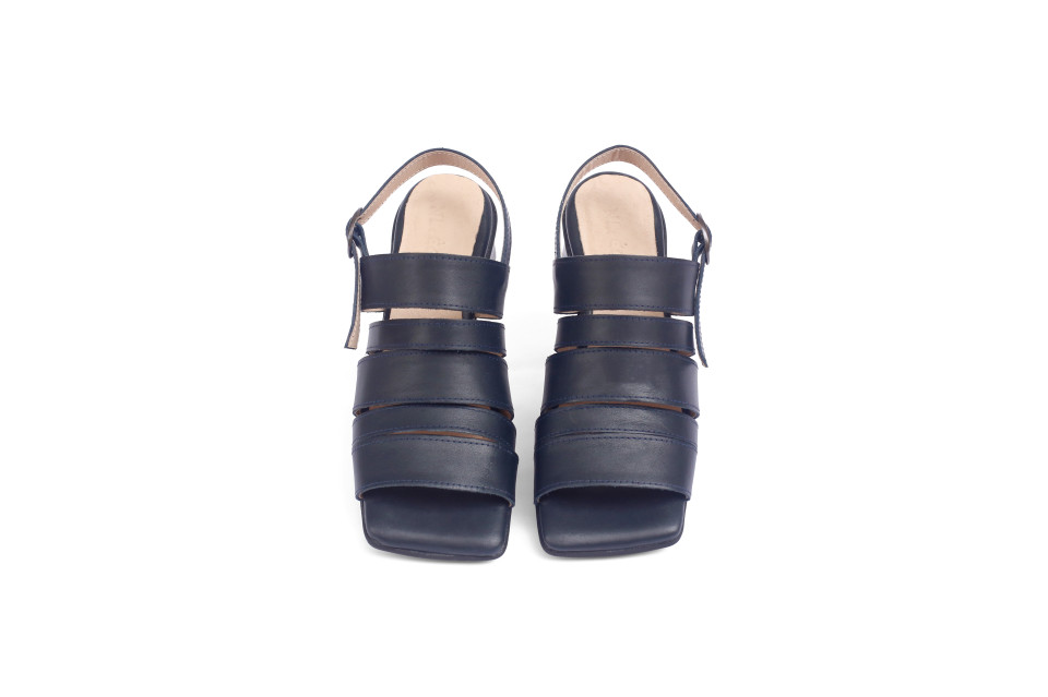 Women’s Navy Leather Strap Sandals – Square Toe, Mid Heel
