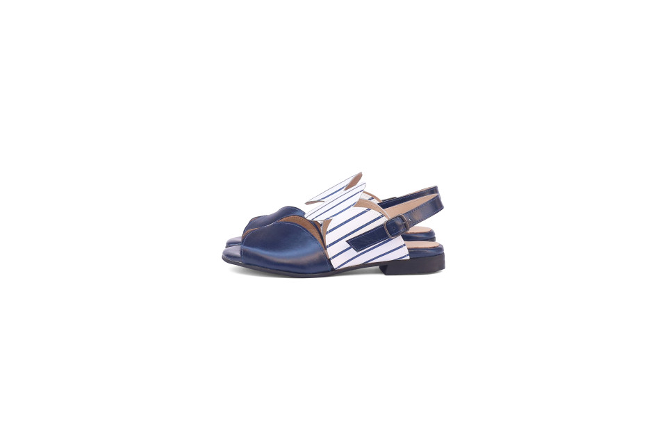 Women’s Leather Sandals – Navy Blue & White with Stripes