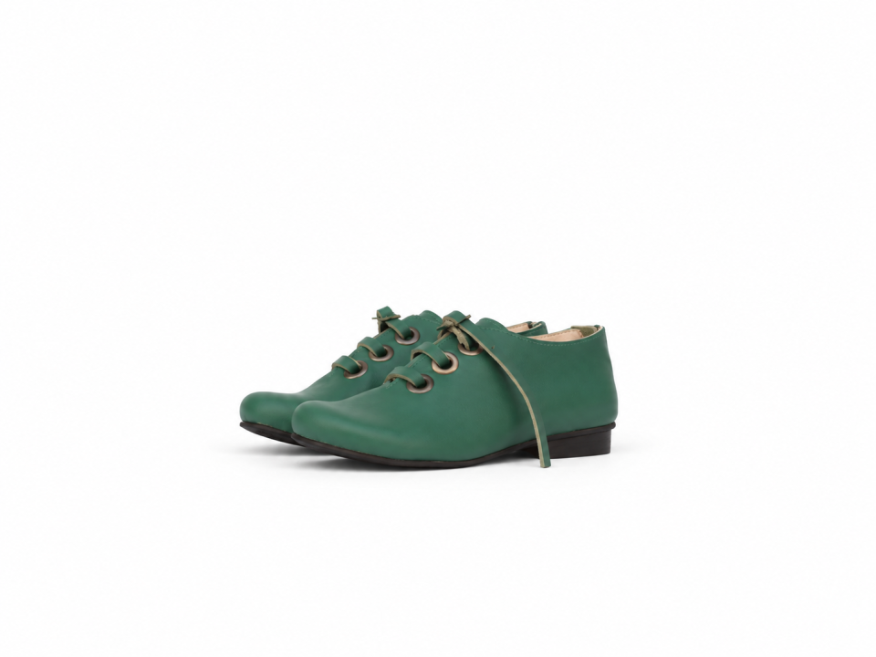 Women’s Green Leather Lace-Up Shoes – 2 cm Heel