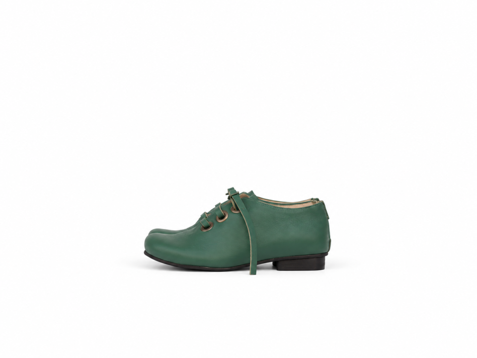 Women’s Green Leather Lace-Up Shoes – 2 cm Heel