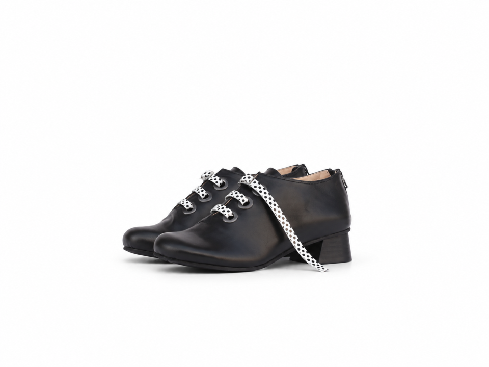 Women’s Black Leather Shoes with Polka Dot Laces – 4 cm Heel