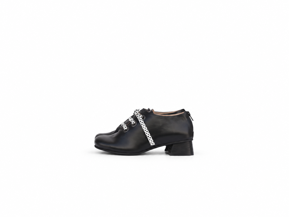 Women’s Black Leather Shoes with Polka Dot Laces – 4 cm Heel