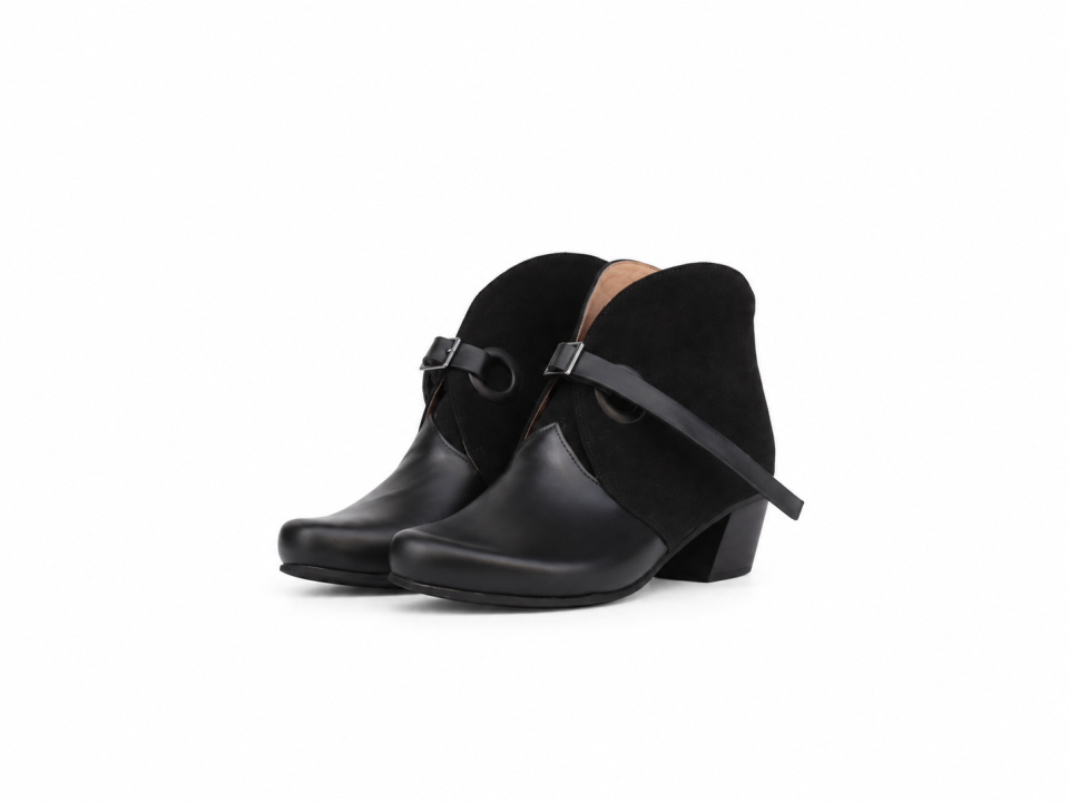 Women’s Black Leather & Suede Ankle Boots – 4 cm Heel