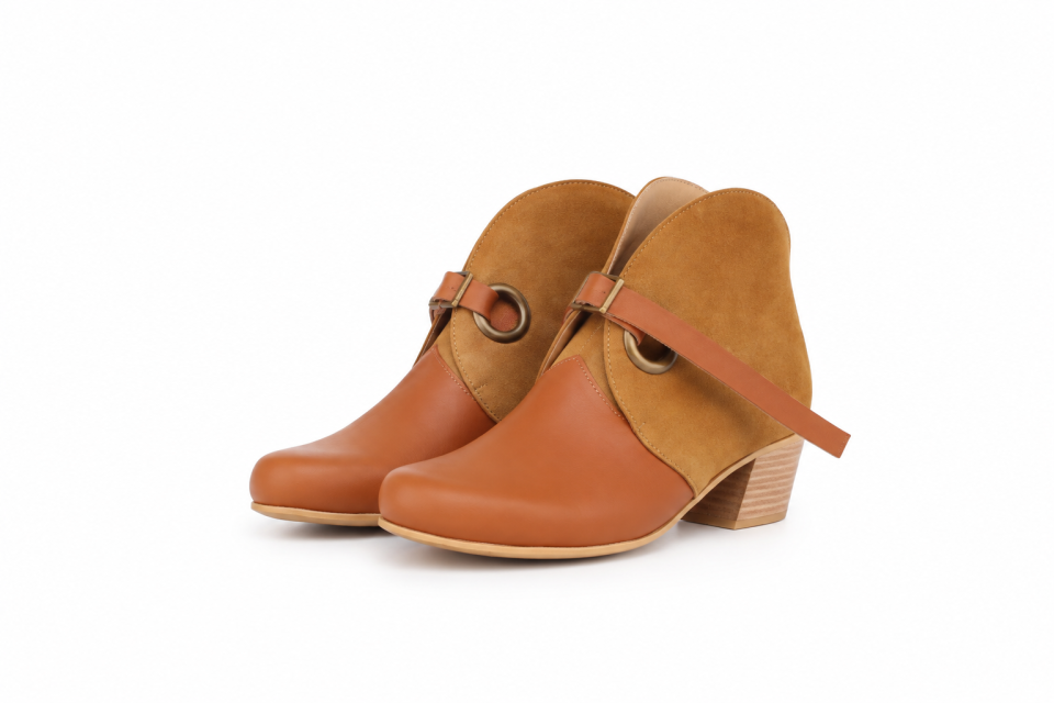 Women’s Camel Leather & Suede Ankle Boots – 4 cm Heel