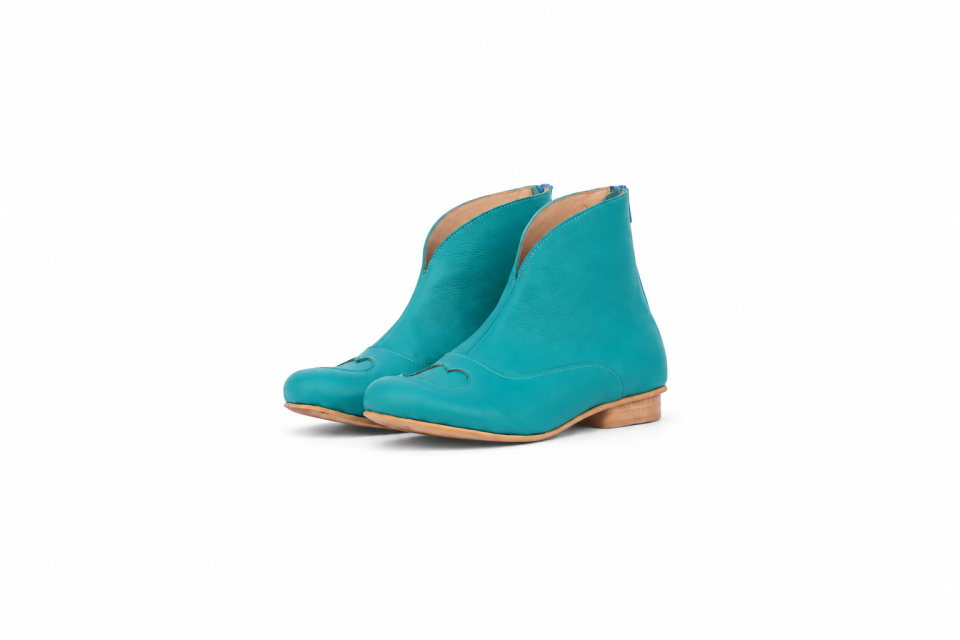 Women’s Turquoise Leather Heart Cutout Ankle Boots – 2 cm Heel