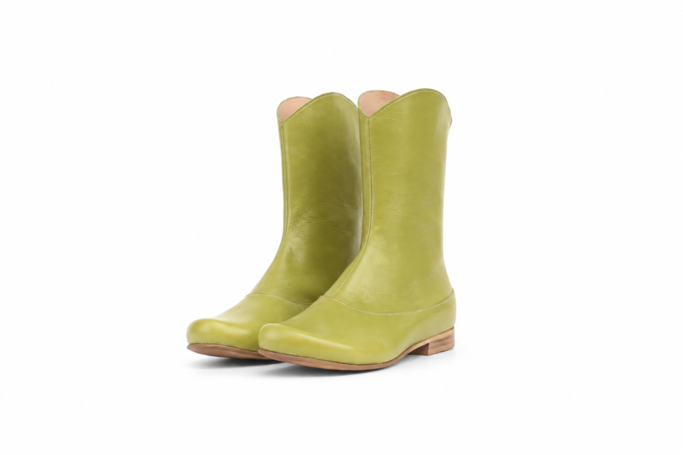 Lime Green Leather Ankle Boots with 1.5 cm Heel