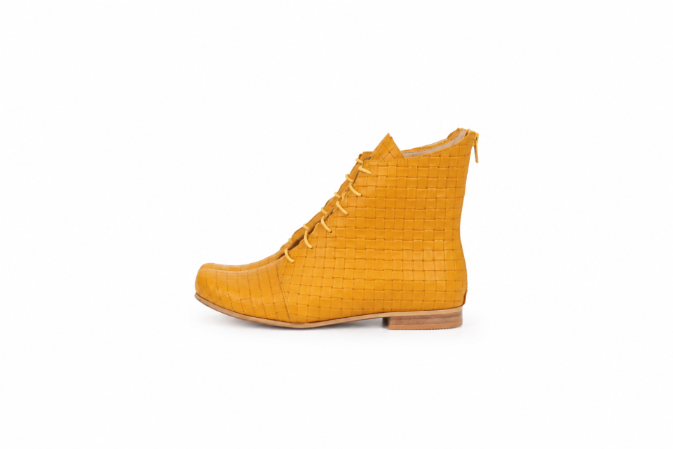 Women’s Mustard Textured Leather Lace-Up Ankle Boots – 1.5 cm Heel