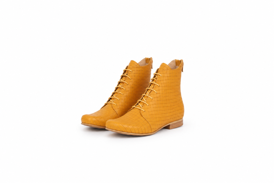 Women’s Mustard Textured Leather Lace-Up Ankle Boots – 1.5 cm Heel