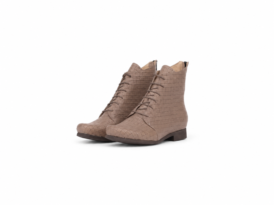 Women’s Taupe Textured Leather Lace-Up Ankle Boots – 1.5 cm Heel
