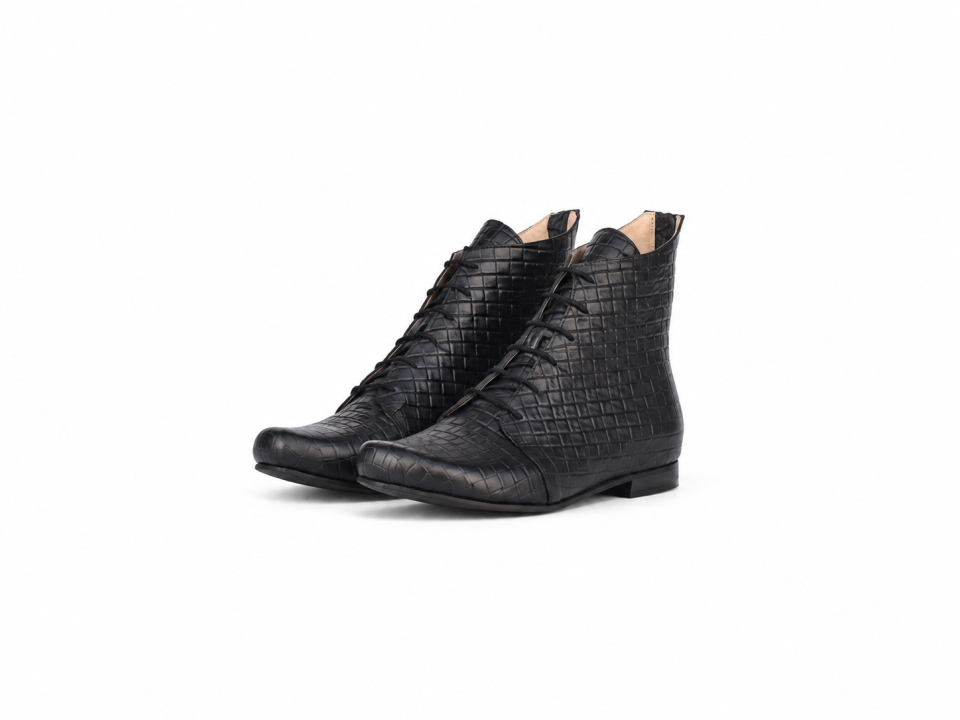 Women’s Black Textured Leather Lace-Up Ankle Boots – 1.5 cm Heel