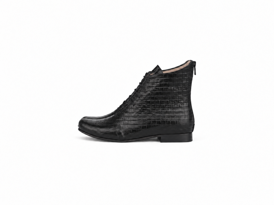 Women’s Black Textured Leather Lace-Up Ankle Boots – 1.5 cm Heel