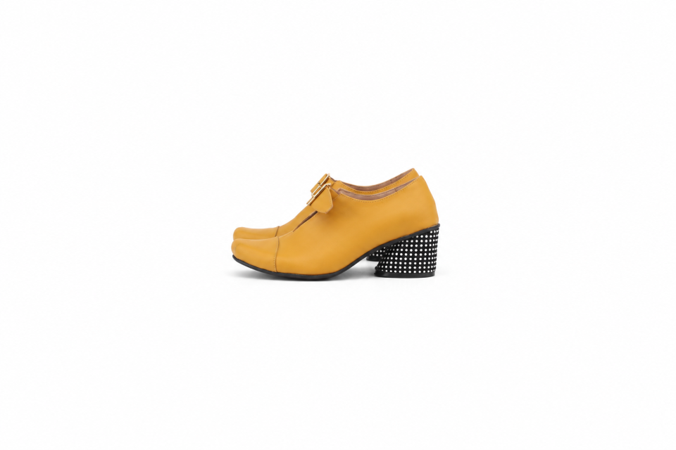 Mustard Leather Monk Shoes with Polka Dot Heel